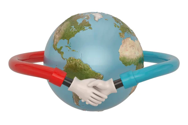 Handshake around globe on white background. 3D illustration. — Stock Photo, Image