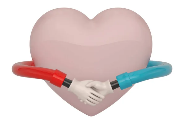 Χειραψία γύρω από κόκκινο καρδιά σε άσπρο φόντο. 3D απεικόνιση. — Φωτογραφία Αρχείου
