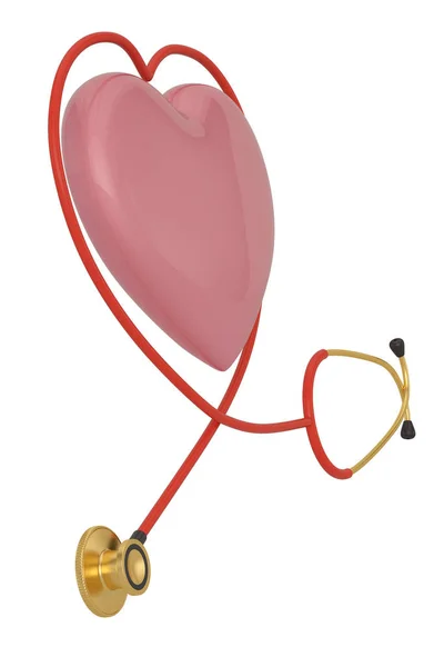 聴診器と心臓は白い背景に隔離されています。3Dイラスト — ストック写真