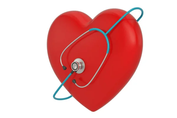 听诊器和心脏隔离在白色背景上。3d 插图 — 图库照片