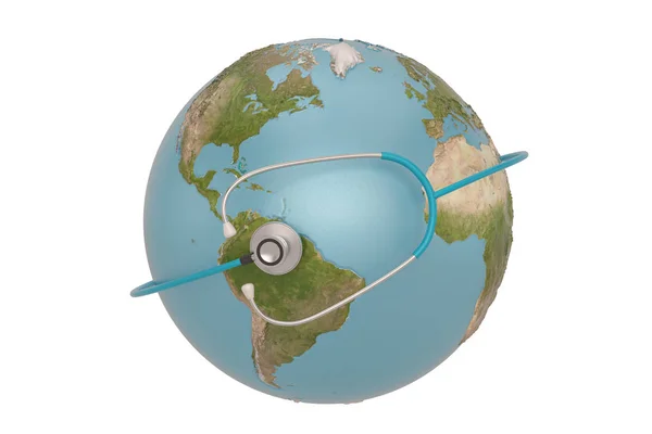 Stethoscoop en Globe geïsoleerd op witte achtergrond. 3D illustrat — Stockfoto