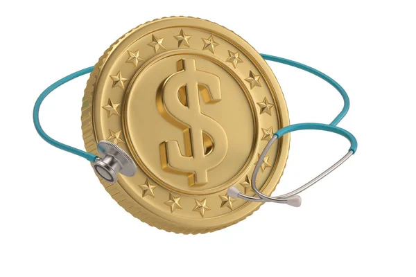 Gouden munt met stethoscoop geïsoleerd op witte achtergrond. 3D klok — Stockfoto