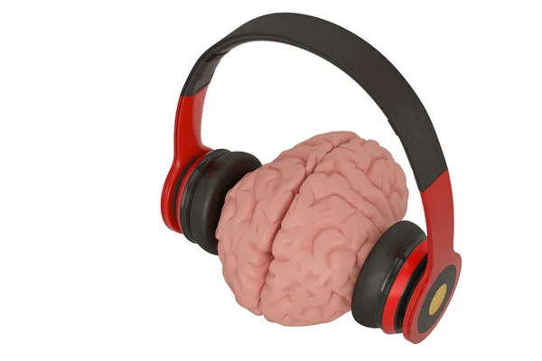 Cerebro y auriculares aislados sobre fondo blanco. Ilustraciones 3D —  Fotos de Stock