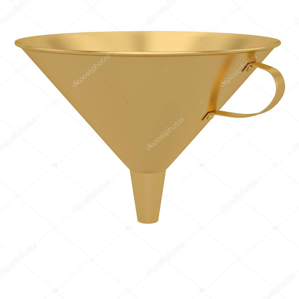 Gold funnel isolated on white background. 3D illustration.