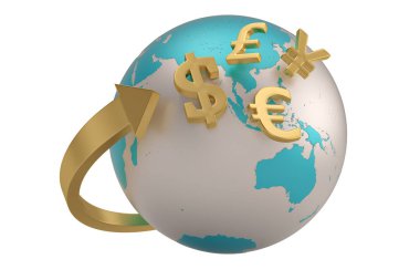 Finansal kavram ok ve küre beyaz arka plan 3 izole