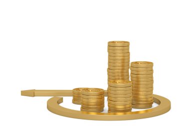 Finansal kavram ok ve altın sikke beyaz backgrou izole