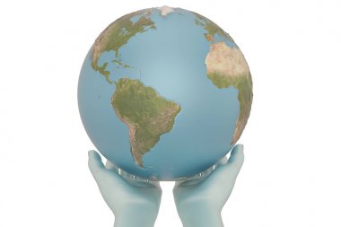 Beyaz arka planda izole edilmiş ellerde küre. 3d illüstrasyon.