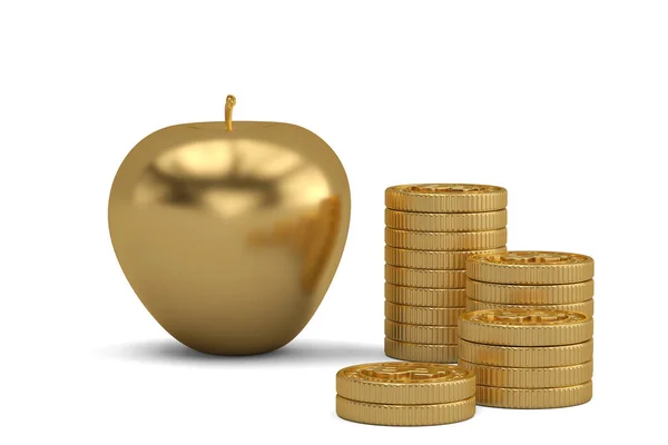 Uma maçã dourada e pilhas de moedas isoladas no fundo branco 3D i — Fotografia de Stock