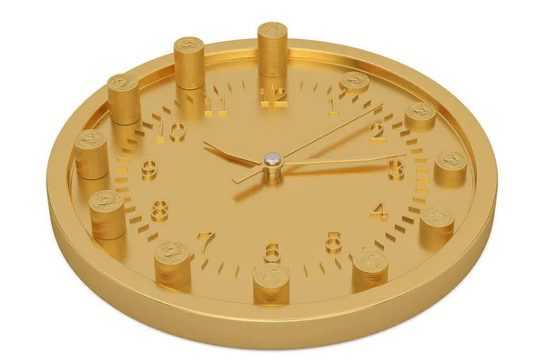 Orologio d'oro e monete pile isolato su sfondo bianco 3D il — Foto Stock