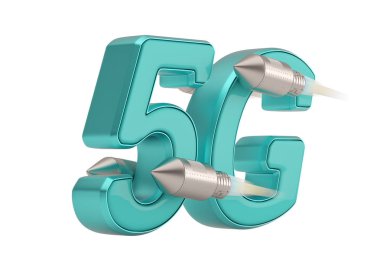 5g ve roket 3d logosu beyaz arka plan üzerinde izole. 3d illüstratör