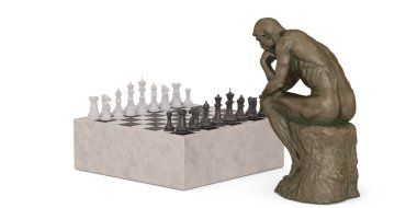 Bakır düşünür ve satranç beyaz arka plan 3d illustr izole