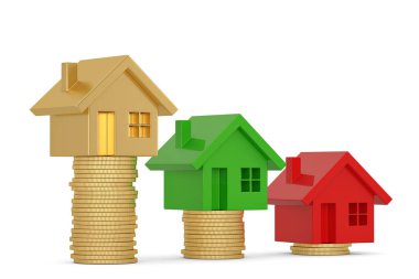 Beyaz arka plan üzerinde izole edilmiş ev ve bozuk para yığını. 3d illustrati