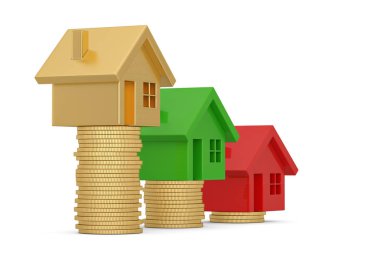 Beyaz arka plan üzerinde izole edilmiş ev ve bozuk para yığını. 3d illustrati