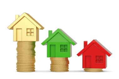 Beyaz arka plan üzerinde izole edilmiş ev ve bozuk para yığını. 3d illustrati