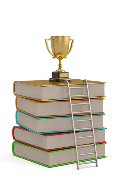 Złote trofeum na szczycie stosu książek. izolowane na białym b — Zdjęcie stockowe