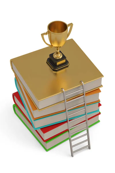 A golden trophy on top of a stack of books.  isolated on white b — Stock Photo, Image