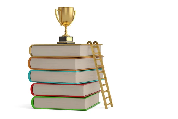Złote trofeum na szczycie stosu książek. izolowane na białym b — Zdjęcie stockowe