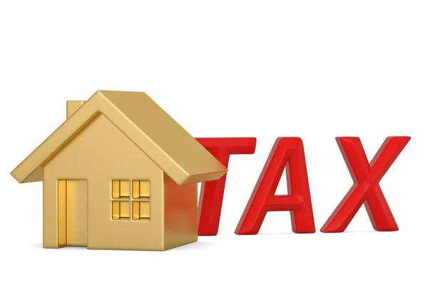 Налоговые слова и дом 3D логотип изолирован на белом фоне 3D иллюзия — стоковое фото