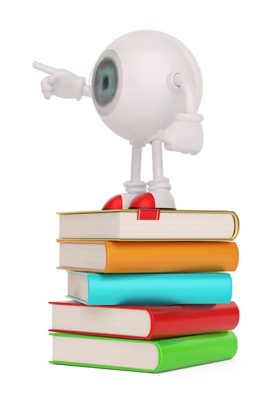 Personaggio bulbo oculare e libri isolati su sfondo bianco. 3D il — Foto Stock