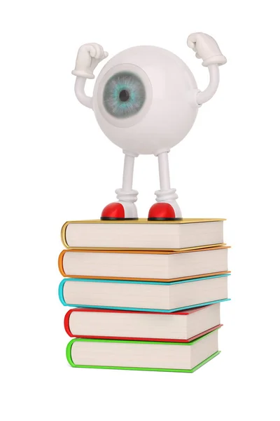 Personaggio bulbo oculare e libri isolati su sfondo bianco. 3D il — Foto Stock
