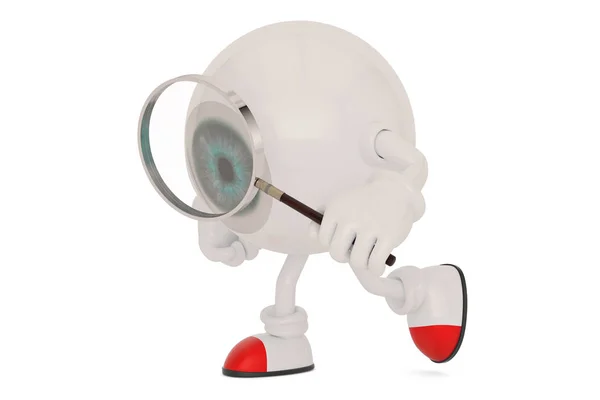Personaje de dibujos animados globo ocular y lupa aislado en blanco backgr — Foto de Stock