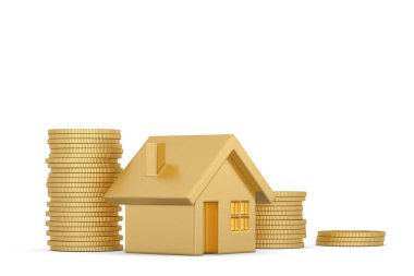 Beyaz arka plan üzerinde izole edilmiş ev ve bozuk para yığını. 3d illustrati