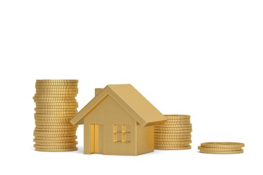 Beyaz arka plan üzerinde izole edilmiş ev ve bozuk para yığını. 3d illustrati