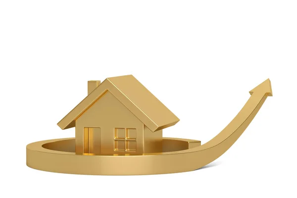 Casa dourada e seta isolada no fundo branco, 3D illustra — Fotografia de Stock
