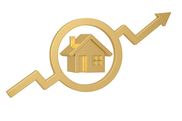 Golden House och Arrow isolerad på vit bakgrund, 3D illustra — Stockfoto