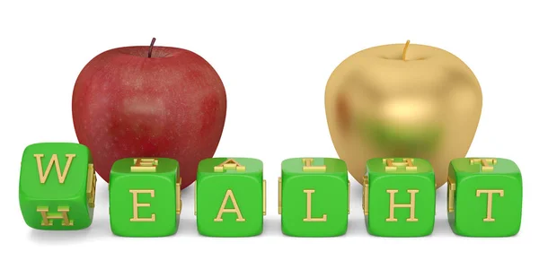 Wealht or healht concept  cube and apple isolated on white backg — Stock Photo, Image