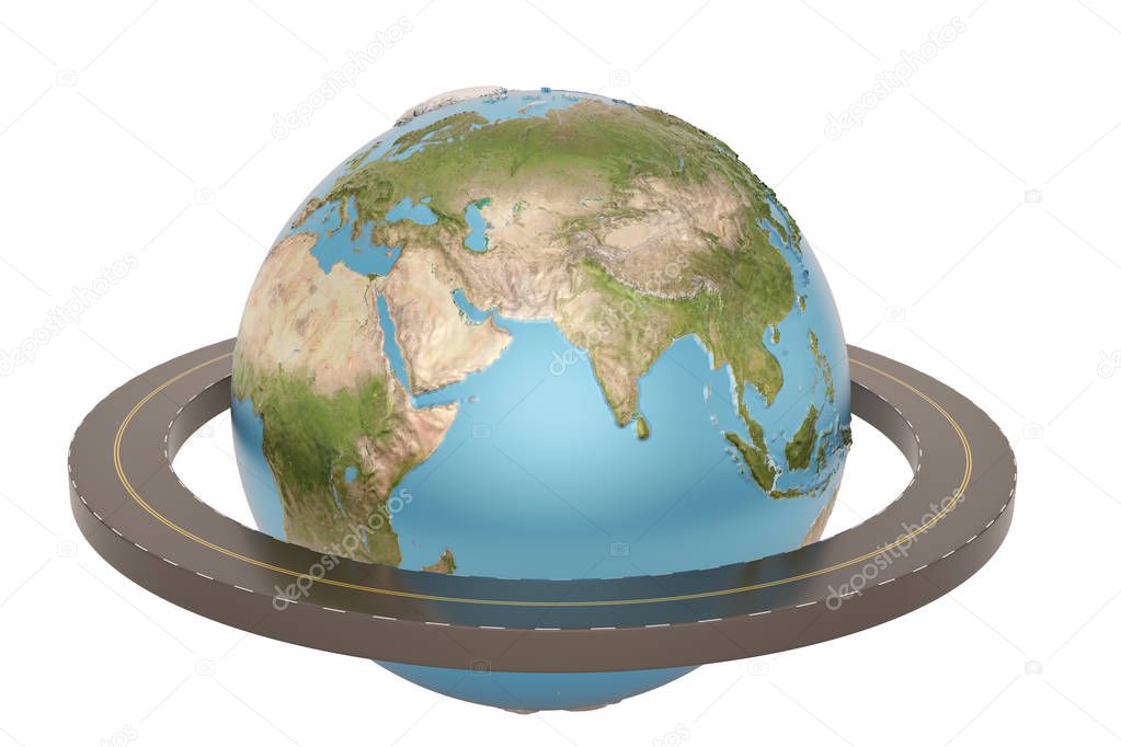 Ring of the roads around globe isolated on white background, 3D 