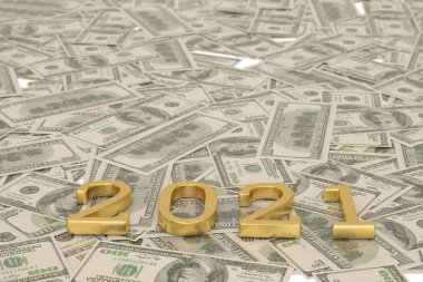 Maoney dolar arka plan altın 2021 Yeni Yıl metin Kavramı.