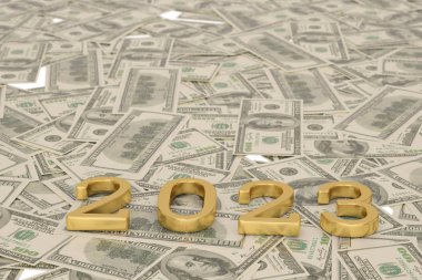 Maoney dolar arka plan altın 2023 Yeni Yıl metin Kavramı.