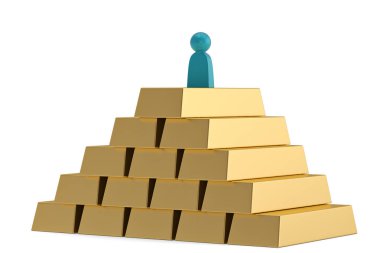 Altın tuğla ve basitleştirilmiş insan beyaz arka plan üzerinde izole. 3