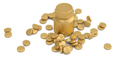 Bir ilaç şişesi ve para sembolü hapları Beyaz ba izole