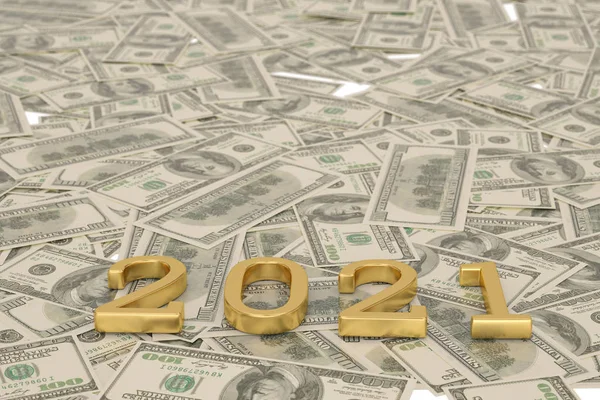 Concept van goud 2021 Nieuwjaar tekst op maoney dollars achtergrond. — Stockfoto