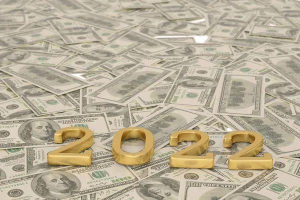 Concepto de oro 2022 Texto de Año Nuevo sobre fondo de maoney dollars . — Foto de Stock