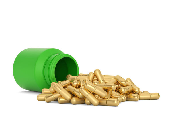 A medicine bottle and golden pills Isolated on white background.