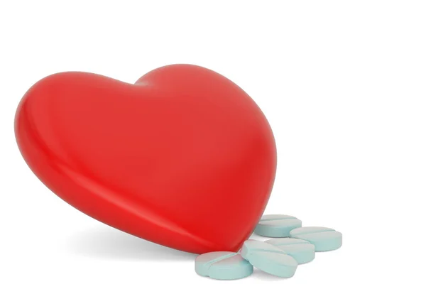 Un corazón rojo y pastillas aisladas sobre fondo blanco 3D illustrati — Foto de Stock