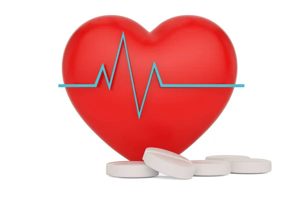 一个红色的心脏和药片隔离在白色背景3d插图 — 图库照片
