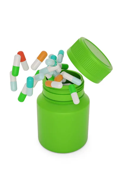 Eine Medikamentenflasche und Pillen isoliert auf weißem Hintergrund. 3d krank — Stockfoto