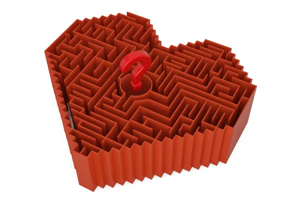 Heart labyrint eller labyrint med frågetecken i sitt centrum. 3D ren — Stockfoto