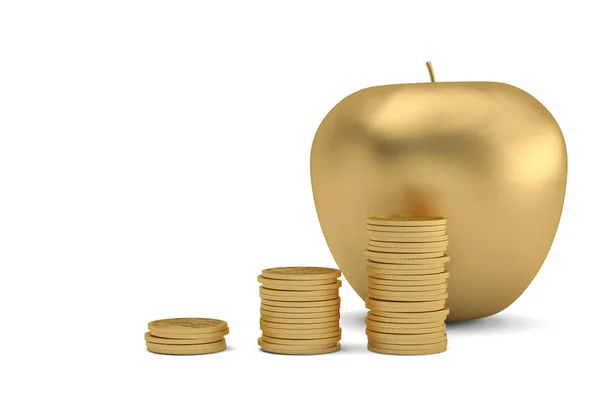 Gouden munten stapels en gouden appel geïsoleerd op witte achtergrond 3D — Stockfoto