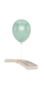 Beyaz arka planda izole edilmiş bir yığın dolar ve balon. 3d