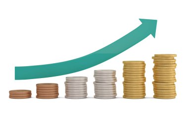 Büyüyen ok ve bozuk para yığınları beyaz arka planda izole edilmiş. 3D!