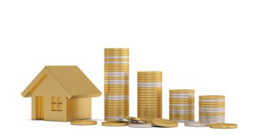 Beyaz arka planda izole edilmiş ev ve büyüyen madeni paralar. 3D!