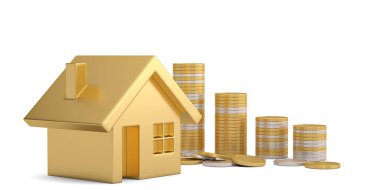 Beyaz arka planda izole edilmiş ev ve büyüyen madeni paralar. 3D!