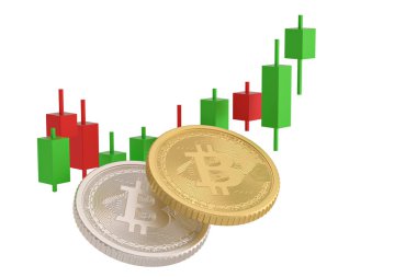 Bitcoin ve çizelge beyaz arka planda izole edildi. 3d illüstrasyon