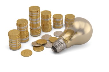 Finansal konsept ampul ve sikkeler beyaz sırt çantasına izole edildi