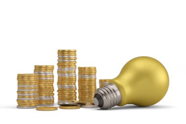 Finansal konsept ampul ve sikkeler beyaz sırt çantasına izole edildi